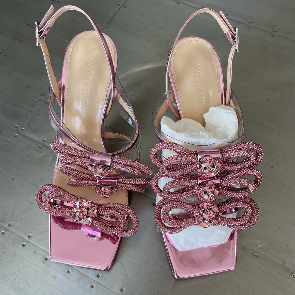 Mach and Mach triple bow pink metallic pump crystal sandal sz 39